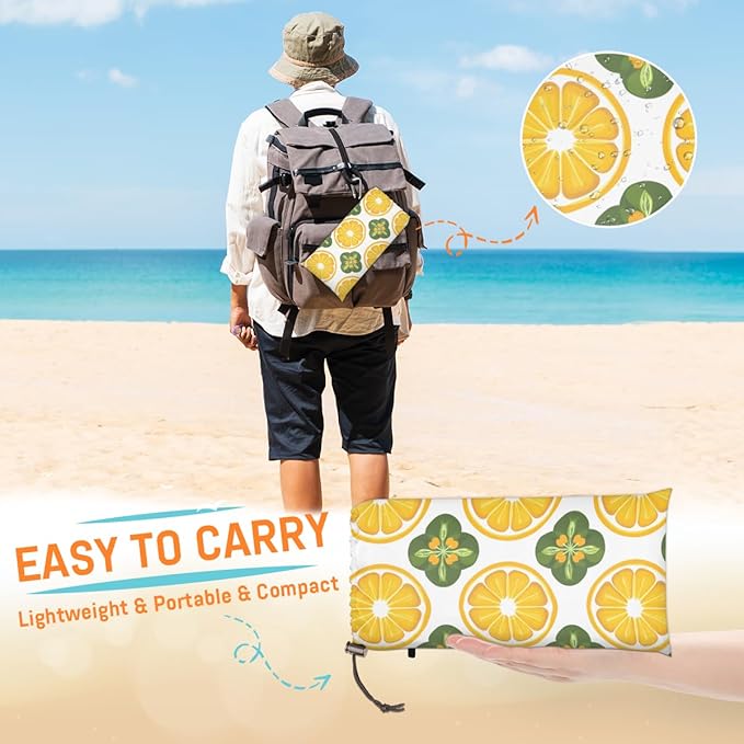 Waterproof Sandproof Beach Blanket 59''×68'' Citrus Slices Polyester Outdoor Picnic Blanket with 4 Stakes &amp Storage Bag for BeachCampingVacation White