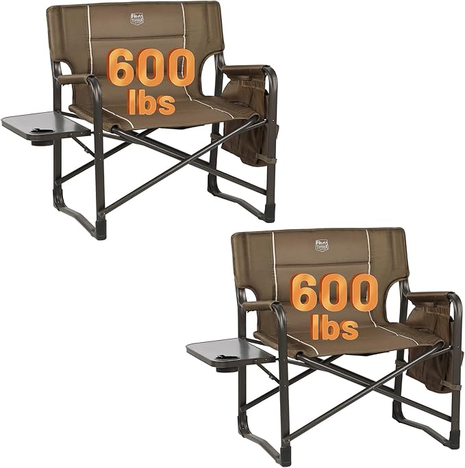 TIMBER RIDGE XXL Upgraded Oversized Directors Chairs with Foldable Side Table Detachable Side Pocket Heavy Duty Folding Camping Chair up to 600 Lbs Weight Capacity (Brown) Ideal Gift 2 Pack