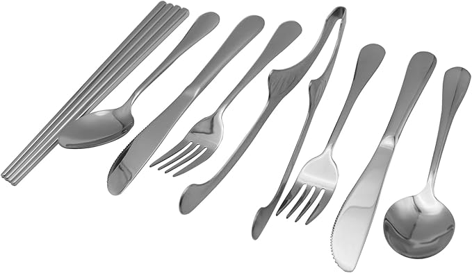 Stainless Steel Outdoor Camping Mess Kits - Includes Forks Spoons Knives Chopsticks Food Clip Plates - Portable Cutlery Bag