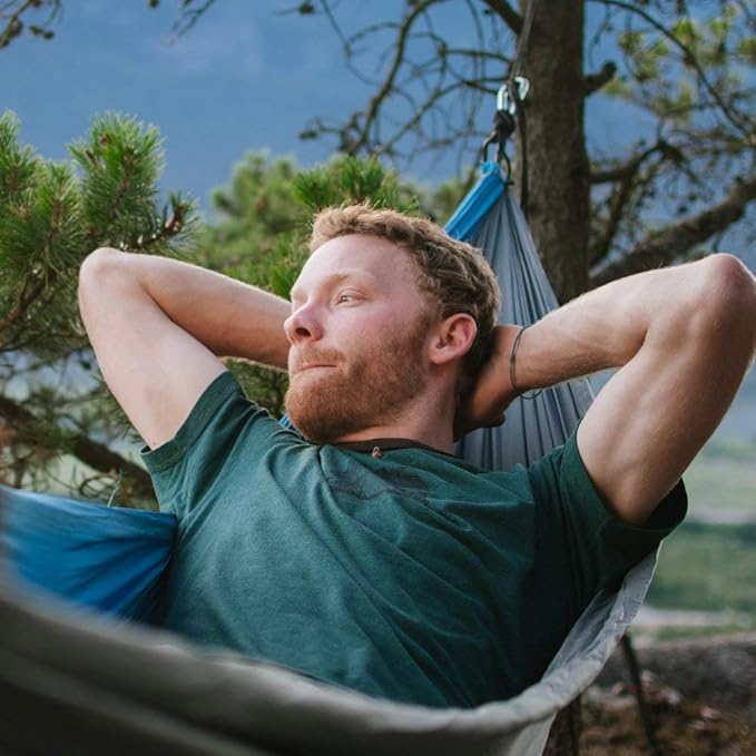 Fox Outfitters Neolite Double Camping Hammock - Lightweight Portable Nylon Parachute Hammock for Backpacking Travel Beach Yard. Hammock Straps &amp Steel Carabiners Included (Khaki/Olive Green)