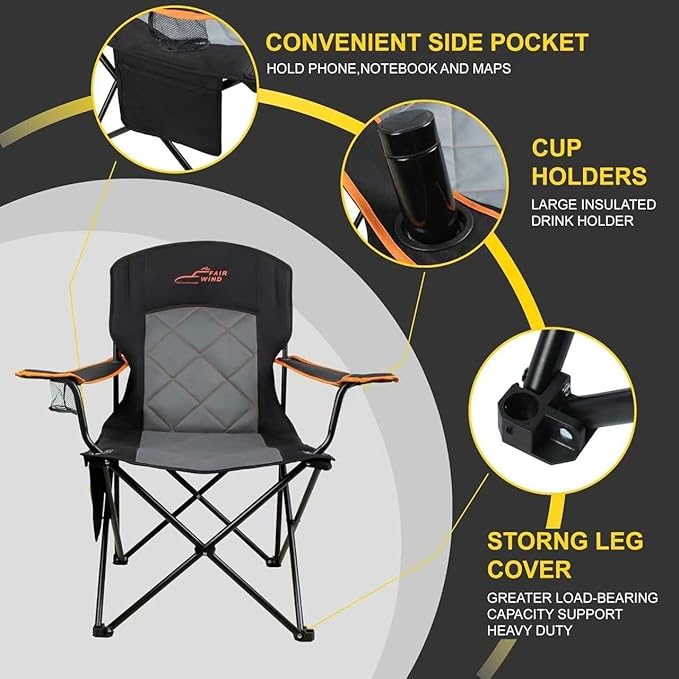 FAIR WIND 2 Pack Oversized Fully Padded Camping Chair Heavy Duty Quad Fold Arm Chair Support 350 LBS with Cup Holder Collapsible Lumbar Back Chair Portable for Outdoor Black