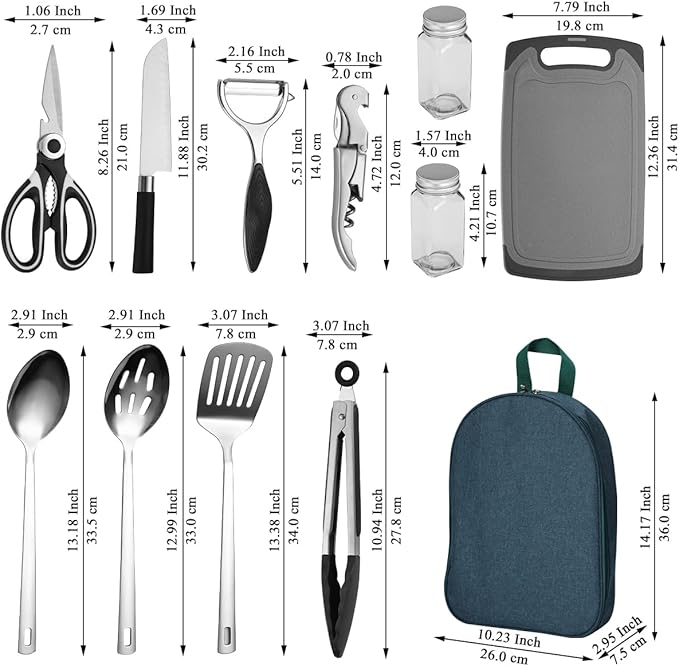 Evanda Camping Kitchen Cooking Utensil Set 10 Piece Stainless Steel Outdoor Cooking and Grilling Utensil Organizer Travel Set Perfect for Travel Camping RVs BBQs Picnics Parties and More