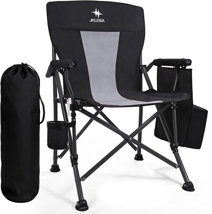 XL Premium Camping Chair - 400lb Capacity Oversized 23.7 Wide Seat Heavy Duty 600D Oxford Fabric Padded Camping Chair Portable for Outdoor Beach Tailgate Parties Black/Gray