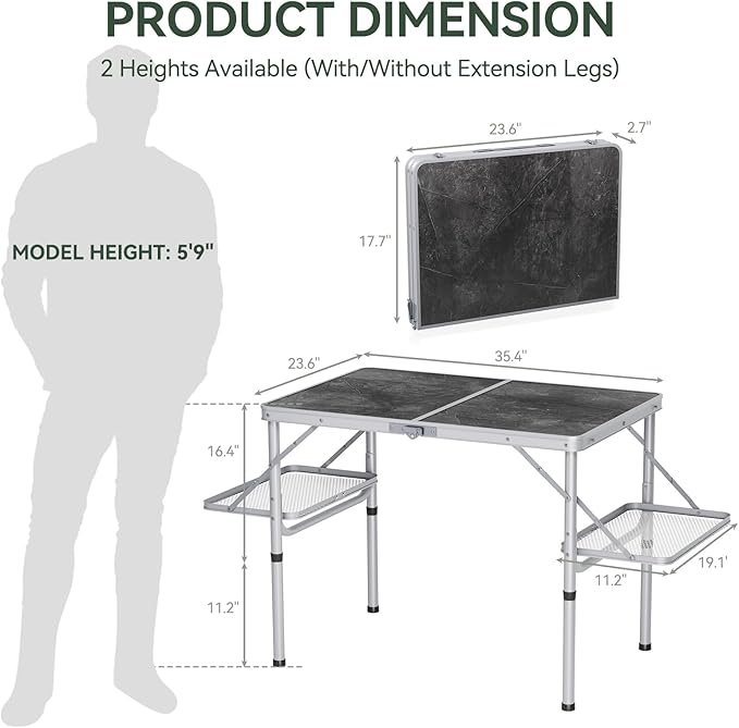 Titanker Folding Camping Table 3ft Folding Picnic Table Camp Tables Portable Foldable 50% Extra Side Space Outdoor Patio Table Camping Essentials Aluminum Light Solid Silver