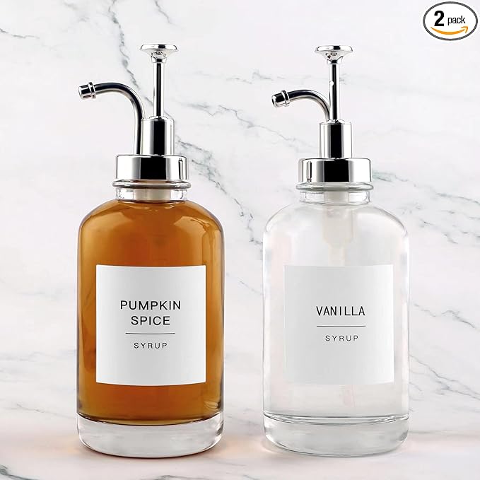 Glass Coffee Syrup Dispenser Bottles with 84 Labels (Set of 2) Coffee Pump Dispenser for Coffee Bar Accessories 16.9 oz Silver