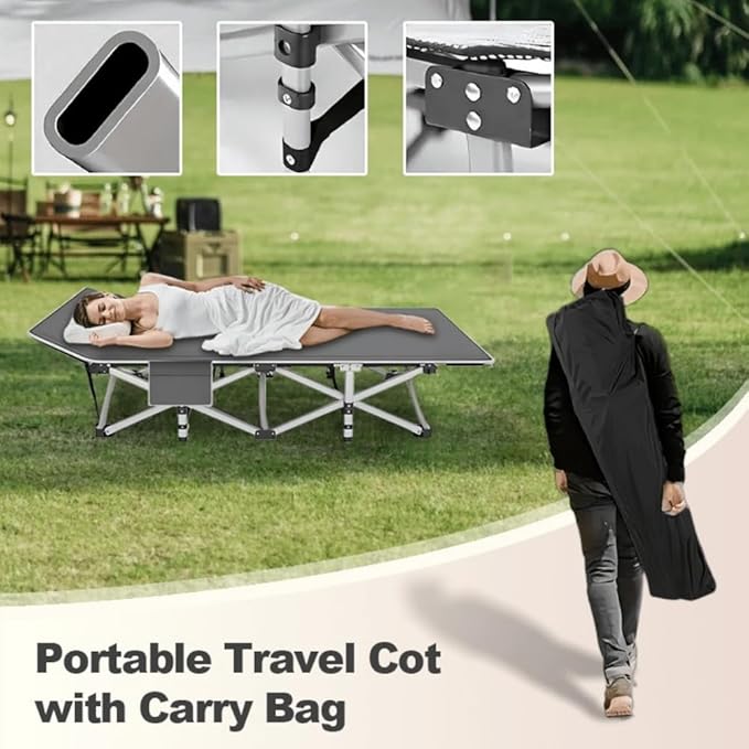 Oversized Heavy-Duty Outdoor Folding Bed with Side Pockets&ampMattress(Mini Model Optional)-755/655/55Lbs Super Capacity Camping CotGarden (Gray Utility (555lbs))