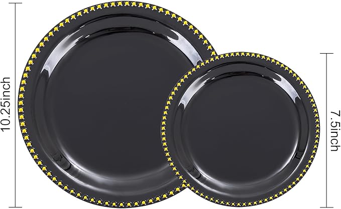 Rubtlamp 60Pcs Black Gold Plastic Plates Black Disposable Plates With Gold Beaded Heavyduty Plastic Plates Halloween Plates Include 30 Dessert Platos 30 Dinner Platos for Party