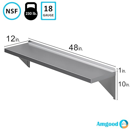 AmGood 12 Width x 48 Length | Stainless Steel Wall Shelf | Square Edge | Metal Shelving | Heavy Duty | Commercial Grade | Wall Mount | NSF Certified