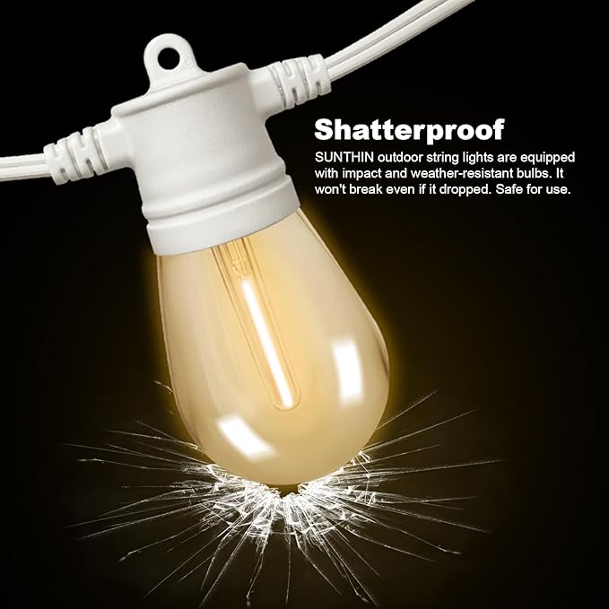SUNTHIN White String Lights 48ft White Outdoor Lights with 16 1W Shatterproof LED Bulbs for Patio Garden Backyard Porch Cafe Deck Wedding Party