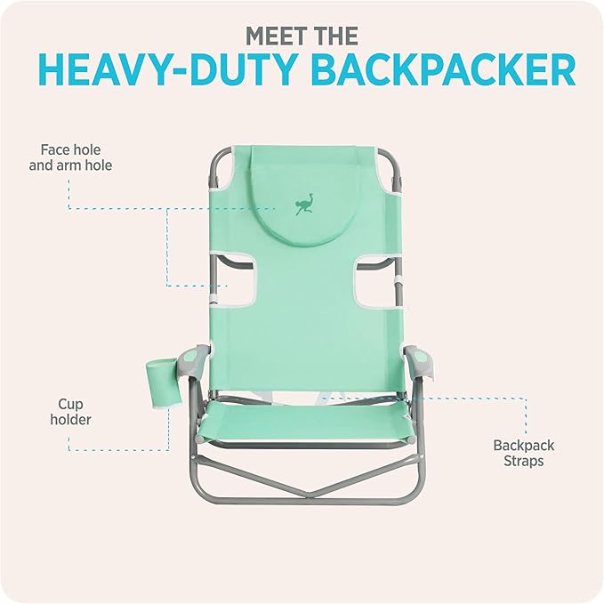 Ostrich the Heavy-Duty Backpacker Portable Beach Chair with Face Hole Adjustable Lounge Chair with Face Opening Cup Holder &amp 325lb Capacity Teal