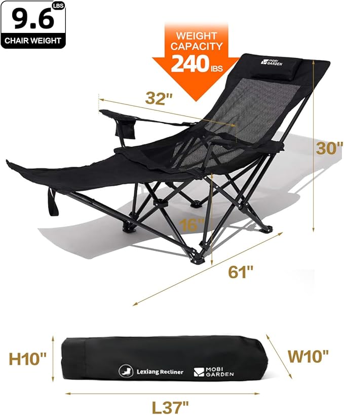 MOBI GARDEN Reclining Camping Chair with Foot Rest 4-Position Adjustable Folding Lounge Chair for Adults Portable &amp Detachable Footrest – Black - Mesh Back