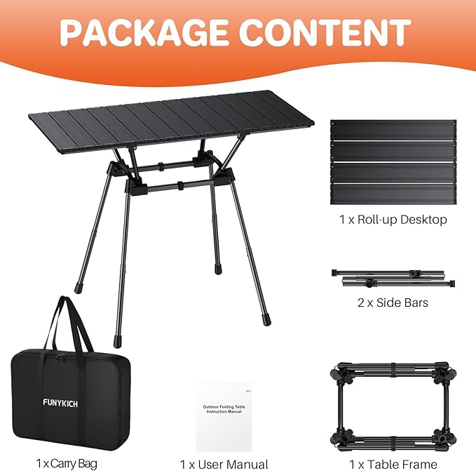 FUNYKICH 3ft Aluminum Roll Up Camping Table(L35''xW16'') 4 Height Adjustable Ultralight Folding Camp Table Up to 28'' Portable Tables with Carry Bag for Camping Picnic BBQ Party Backyard Beach