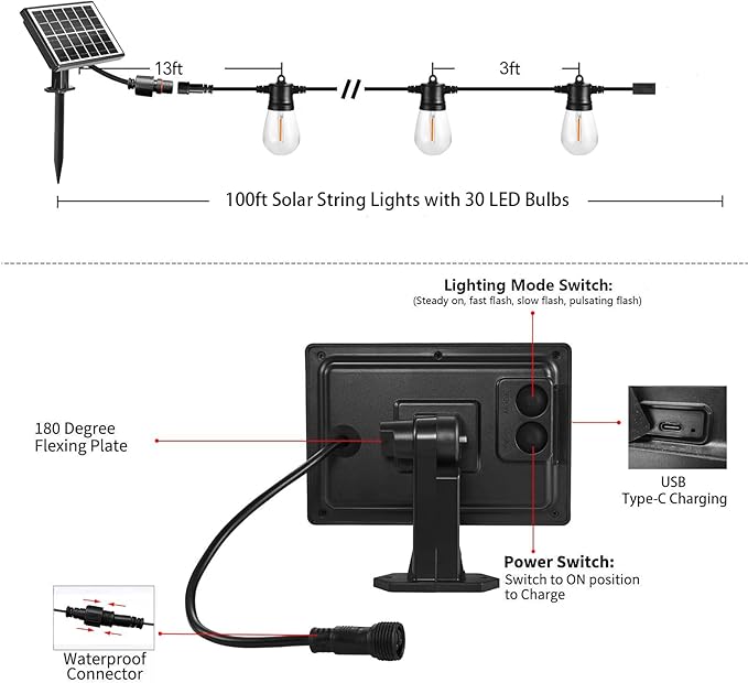 SUNTHIN 100ft Solar String Light Outdoor USB Rechargeable Patio Solar Outdoor Lights with Waterproof &amp Shatterproof 30 LED Bulbs for Backyard Porch Garden Pool Party Camping