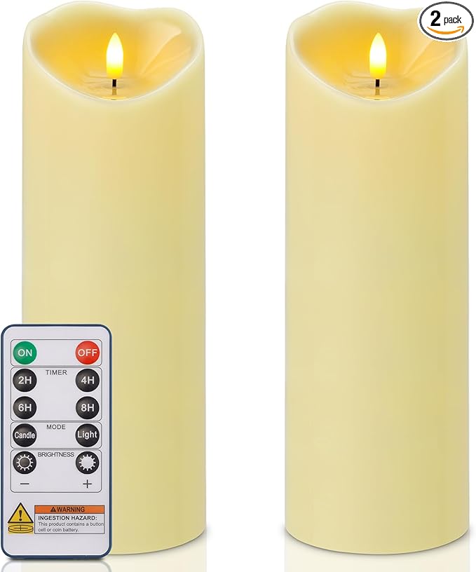 Amagic 4” x 12” Extra Large Waterproof Outdoor Flameless Candles Battery Operated with Remote Control and Timer Flickering LED Pillar Candle for Outdoor Patio Porch Decor Dark Ivory Set of 2