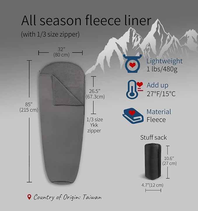 Litume All Season Fleece Sleeping Bag Liner Adds Up to 27°F/ 15°C Lightweight Mummy Sleeping Sack for Cold Weather and Winter Backpacking Camping Traveling with Drawstring Hood and Stuff Sack E629