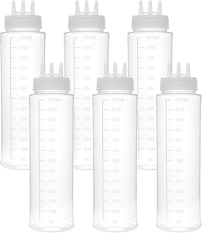 Sauce Bottle Squeeze 6-Pack 24 Oz 3 Hole Tri-Cone Nozzle Clear Dispensing Plastic Bottles For Ketchup Syrup Honey Includes Scale