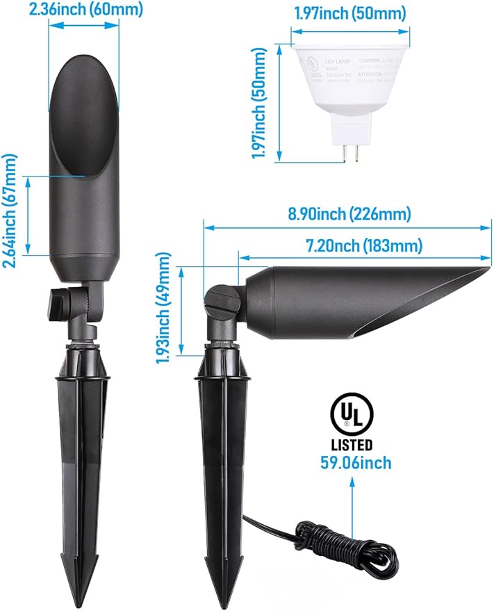 LEONLITE 9 Inch Low Voltage Landscape Spotlight 12V LED Outdoor Landscape Lighting with 7W 3000K MR16 Bulbs Max 50W GU5.3 Base Die-Cast Aluminum Uplighting for Garden Tree Yard Black Pack of 4