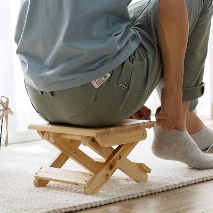 Solid Wood Folding Stool Portable Simple Household Stool Small Bench for Shaving and Shower Foot Rest for Picnic Fishing Bathroom Garden Camping