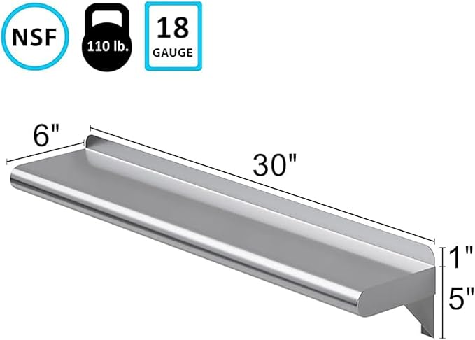 6 x 30 Stainless Steel Wall Shelf | Metal Shelving | Garage Laundry Storage Utility Room | Restaurant Commercial Kitchen | NSF Certified |