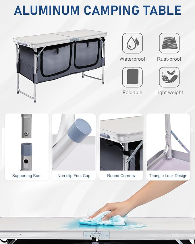 Outvita Folding Table 4FT Aluminum Camping Table with Large Storage Space and Adjustable Height Picnic Table Lightweight for Carring Outdoor Party Events Beach