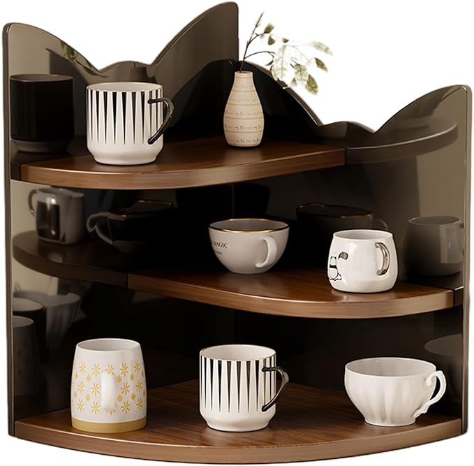 Corner Shelf Storage Rack Tree Shape Design 3-Tier Kitchen Organizer for Mugs Coffee Cups Space-Saving Desktop Storage Rack for Countertop Spice Rack Makeups Bookshelf (Brown Cat)