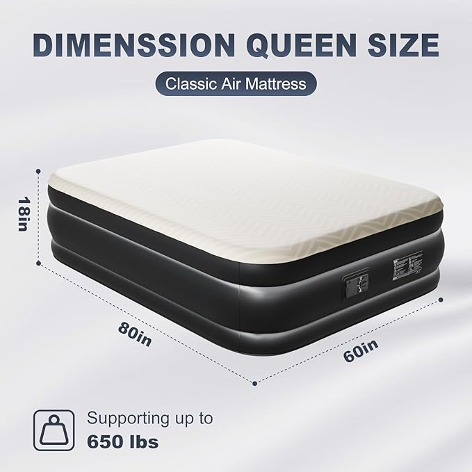 Outvita 18in Queen Air Mattress with Built-in Pump Foam Topper Inflatable Air Bed Quick Assembly Comfort Luxury Blow Up Sleeping Mat for Guests and Home Camping Travel 650lbs Weight Capacity