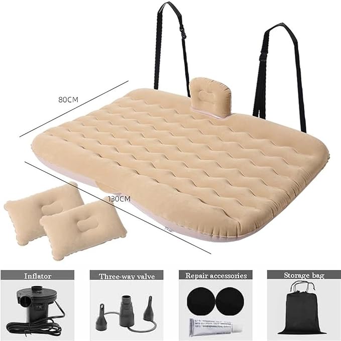 SUV Car Inflatable Bed Camping Air Bed Car Inflatable Mattress PVC Flocking Material Car Camping Sleeping Mat (Beige)