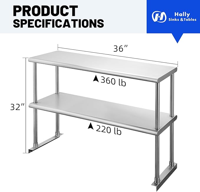 Hally Double Overshelf of Stainless Steel 12'' x 36'' Weight Capacity 360lb Commercial 2 Tier Shelf for Prep &amp Work Table in Restaurant Home and Kitchen
