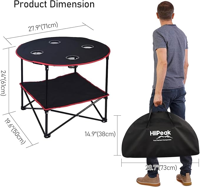 HiiPeak Camping Table Folding Picnic Table with 4 Cup Holders and Carrying Bag Portable Camp Table with Handle Design for BBQ Outdoor Fishing Beach Picnic Travel Camping Essentials Black Table