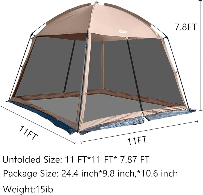 11x11 Ft Screen House Tent - Instant Pop Up Mesh Canopy Shelter with Waterproof &amp Sunshade Roof Easy Setup for Camping Backyard Beach Picnic