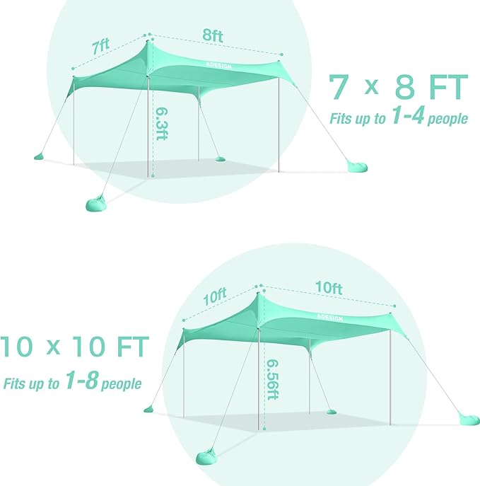 ADesign Windproof Beach Tent Sun Shelter with 8 Sandbags Wind Resistant Large Family Beach Canopy with Sand Shovel UPF50+ 6.5 FT Tall Easy Setup Sun Shade for Beach Vacation