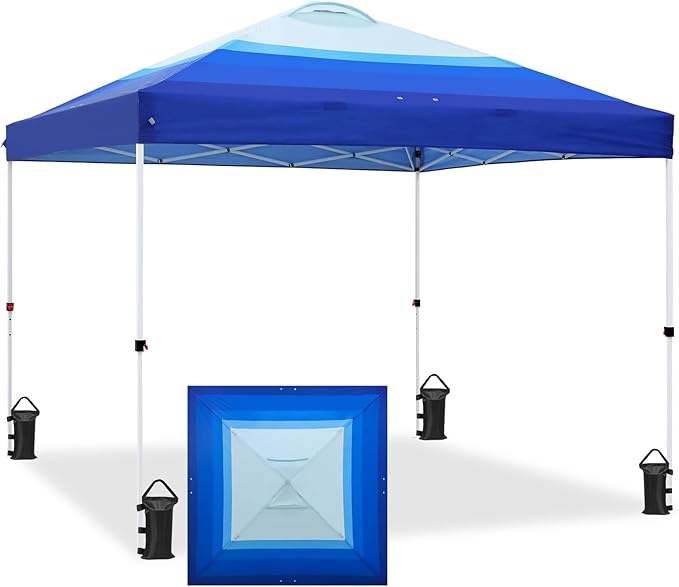 EAGLE PEAK Pop Up Canopy Tent with Wheeled Carry Bag 8 Stakes 4 Ropes 4 Weight Bags Easy Set Up Tent Canopy 10x10 ft 100sqft of Shade Blue Fade Stripe