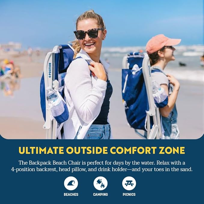 GCI Outdoor Backpack Beach Chair | Reclining Folding Chair with Durable Armrests Drink Holder &amp Carry Straps Perfect for Beach Trips &amp Picnics — Nautical Blue