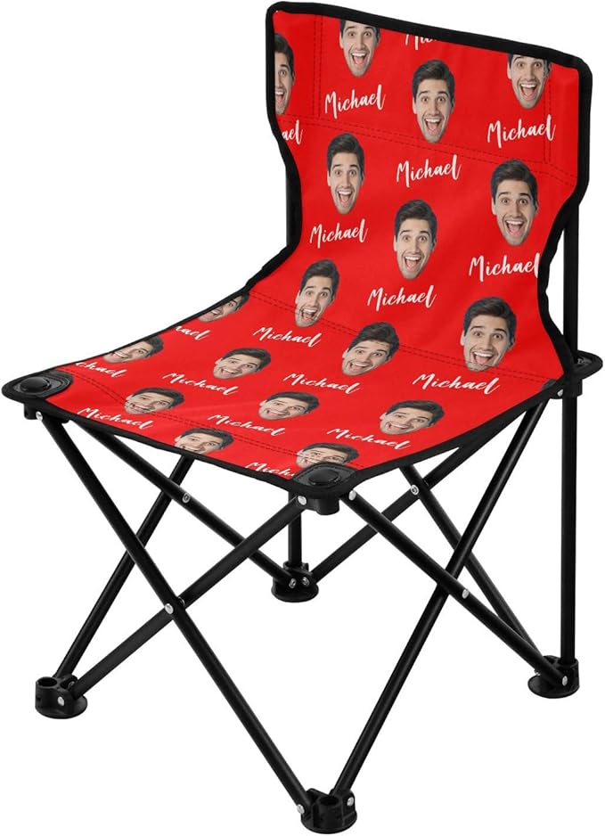 Sinestour Red Custom Photo Folding Camping Chair for Teen Child Personalized Name 14.6×14.6in Portable Outdoor Chair with Carry Bag for Barbeques Travel Lawn