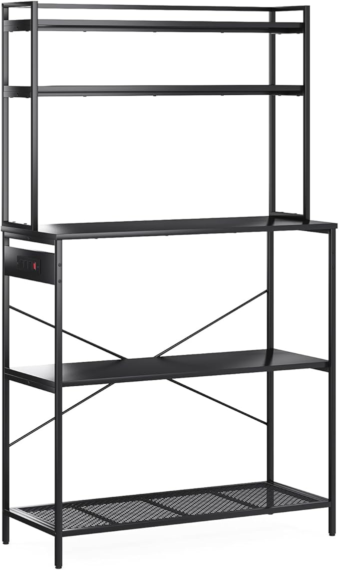 Large 5 Tier Bakers Rack with Electrical Outlets 39 Inch Microwave Stand Coffee Bar Kitchen Storage Shelf for Home Counter Space Organizer