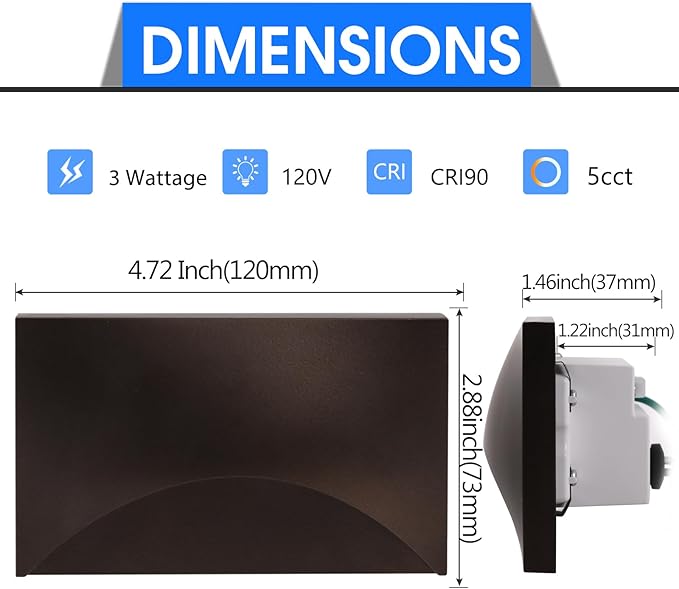 Energetic 5CCT 120V LED Indoor Outdoor Step Lights 2700K/3000K/3500K/4000K/5000K Stair Lighting 3W Dimmable LED Lights for Step Stair CRI90 ETL Listed IP65 Waterproof Aluminum Bronze Pack of 4