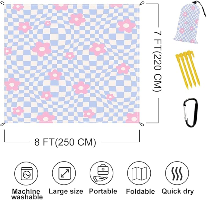 Beach Blanket Waterproof Sandproof Extra Large 8 Ft X 7 Ft for 4 Adults Oversized Sand Free Beach Mat with 4 Corner Pockets and Stakes Portable for Beach Picnic Travel Camping (Pink Purple)