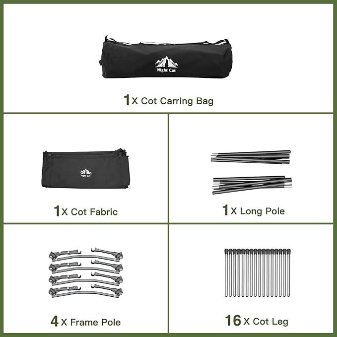 Night Cat Camping Cot Bed - Portable Folding Sleeping Cots for Adults 1-Person Outdoor Elevated Off-Ground Beds Easy Set-up Army Sleeping Bed 87x32