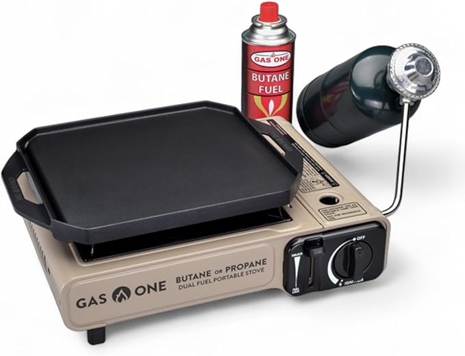 GasOne GS-3400P-KIT Propane or Butane Gas Stove with Flat Top Griddle Included – Dual Fuel Propane Grill Tent Stove Burners for Cooking for Camping Kitchen – Diecast Aluminum with Non Stick Coating