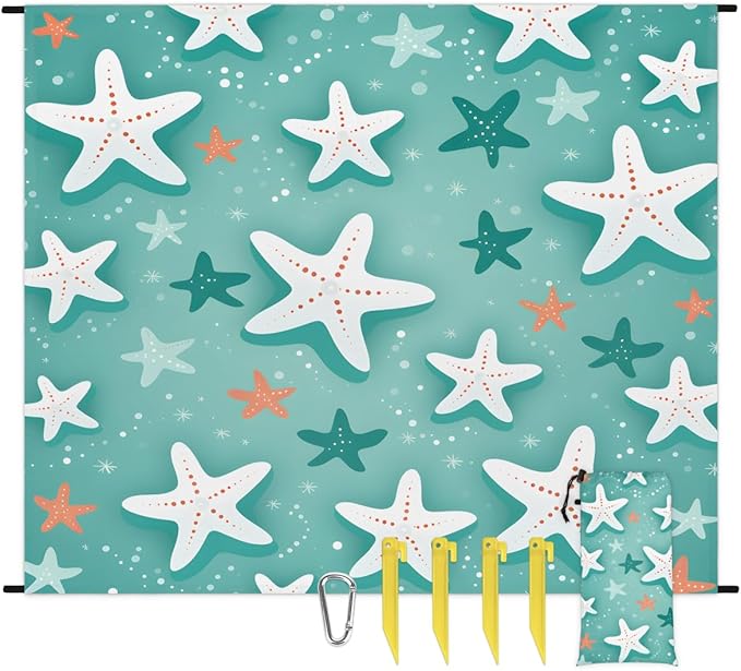 Waterproof Sandproof Beach Blanket 59''×68'' White Polyester Outdoor Picnic Blanket with 4 Stakes &amp Storage Bag for BeachCampingVacation Starfish