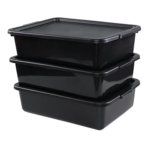 Sadstory 13 L Plastic Commercial Bus Box with Lid Plastic Restaurant Tub Black 3 Packs