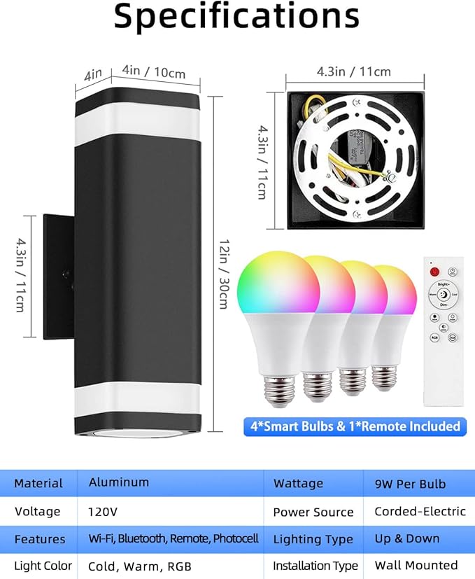 Smart Outdoor RGB Wall Lights 2 Pack Wi-Fi &amp App Control Color Changing Up and Down Wall Sconce with Remote Dusk to Dawn Waterproof Exterior Lighting Fixtures Works with Alexa Google Assistant