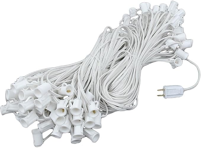 Novelty Lights 200 Foot C7 Outdoor String Light Christmas Stringer - Patio String Lights - Candelabra Base (C7/E12) - 24 Spacing - White Wire