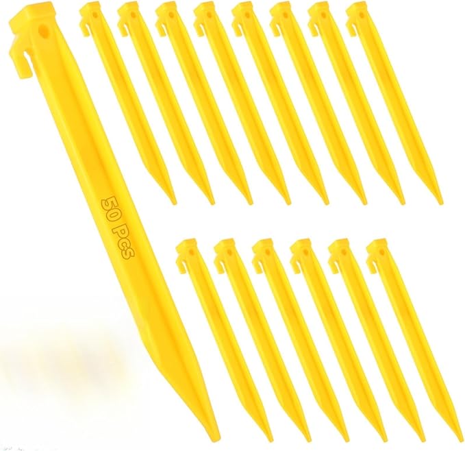 50 Heavy Duty Plastic Tent Stakes 9-Inch Triangular Pegs with Built-in Hook for Tent Canopy and Outdoor Gear