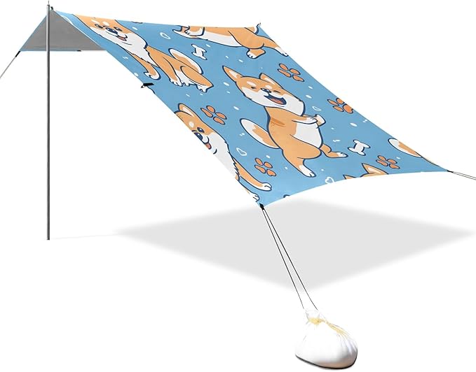 Cute Shiba Inu Paws Bones Camping Sun Shelter Beach Tent Portable Beach Sun Shade Outdoor Canopy for Camping Trips Fishing Picnic