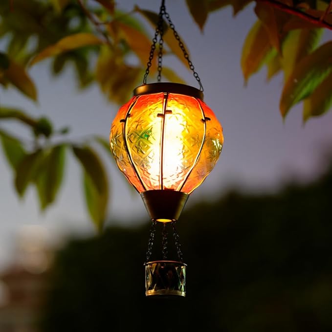 DREAMSOUL Rainbow Hot Air Balloon Solar Lantern Metal &amp Glass Solar Lantern with Flickering Flame Hanging Solar Lanterns Outdoor Waterproof for Lawn Patio Tree Decor