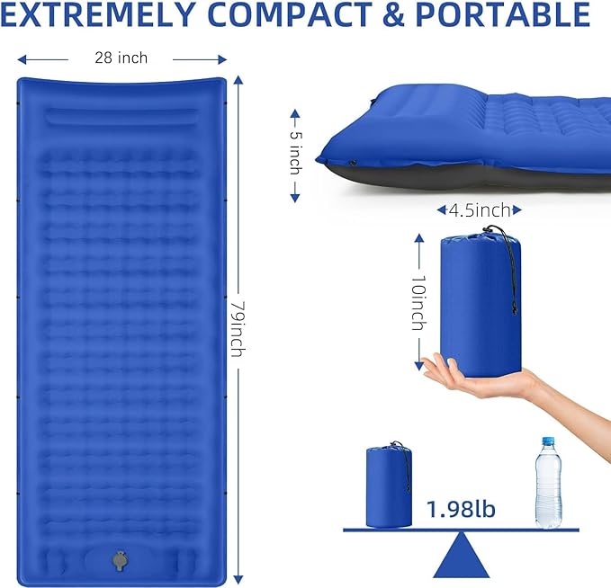 Camping Sleeping Pad Extra Thick 5 Inch Camping Mat with Pillow Built-in Foot Pump Inflatable Sleeping Pads Compact for Camping Backpacking Hiking Traveling Tent（Blue Grey）
