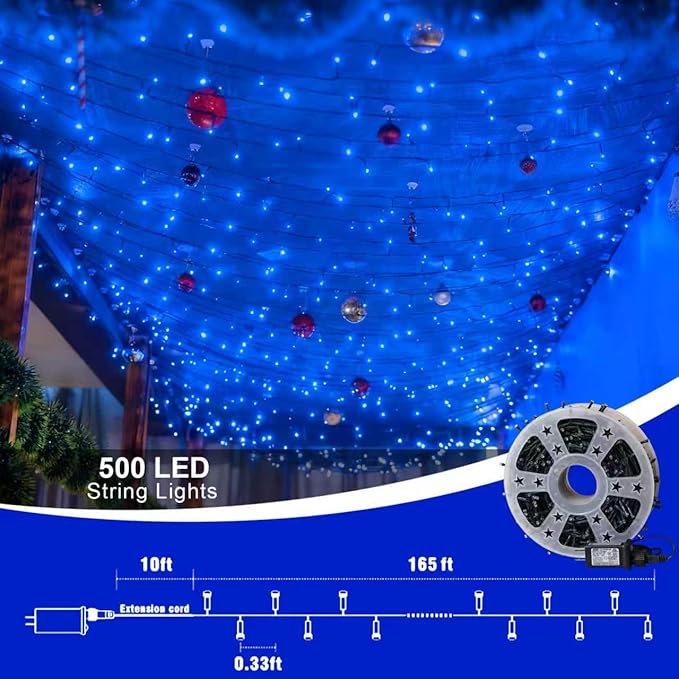 QITONG 165ft 500LED Blue Christmas Lights String Lights Outdoor Waterproof Plug in Green Wire Twinkle Tree Lights with 8 Modes