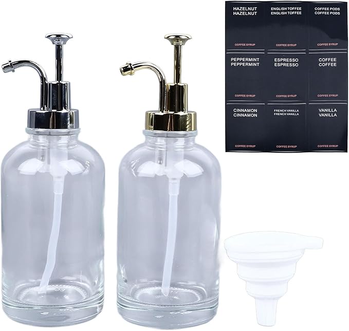 2PCS Coffee Syrup Dispensers 500ml Glass Bottles with Stainless Steel Pump - Drip - Free Design for Kitchen Coffee Bar Olive Oil and Bathroom Use