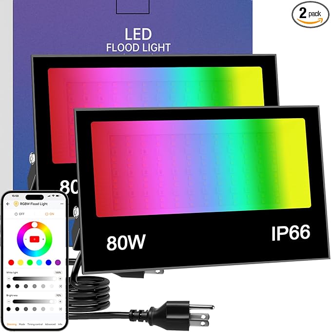 LED Flood Light Outdoor 80W RGB Color Changing Smart Floodlights 2700K 8000LM Warm White &amp 16 Million Colors RGBW Stage Lights with APP Control 43 Modes Grouping Timing IP66 Waterproof (2 Pa